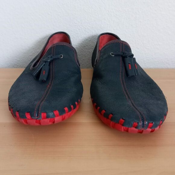 Andrew Leather Loafers Suction Slip Resistant Sole SZ 10 * 43 Blue Red Slip Ons